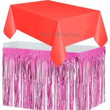 Parti Station Masa Örtüsü ve Etek Set Plastik Kırmızı Renk Masa Örtüsü Pembe Renk Metalize Sarkıt Masa Eteği Set