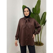 Miostil Yaka Detay Saten Tunik-Kahve