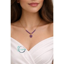 Oceandesign El Yapımı Ametist Taşlı Kadın Kolye 45 cm Paslanmaz Çelik Zincirli Ametist Kalp Uçlu Şık Tasarım
