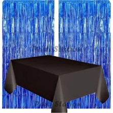 Parti Station 2 Adet Lacivert Renk Metalize Arka Fon Perdesi ve 1 Adet Plastik Siyah Renk Masa Örtüsü Set