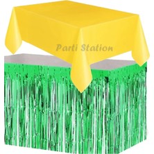 Parti Station Masa Örtüsü ve Masa Eteği Set Plastik Sarı Renk Masa Örtüsü Yeşil Renk Metalize Masa Eteği Set