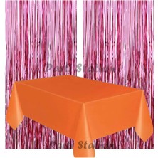 Parti Station 2 Adet Pembe Renk Metalize Arka Fon Perdesi ve 1 Adet Plastik Turuncu Renk Masa Örtüsü Set