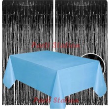 Parti Station 2 Adet Siyah Renk Metalize Arka Fon Perdesi ve 1 Adet Plastik Mavi Renk Masa Örtüsü Set