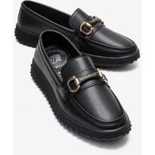 Ccway Kaydırmaz Kadın Tokalı Loafer Ayakkabı Siyah Cilt