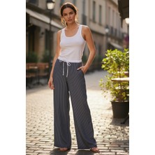 Mandala Tekstil Kadın Çizgili Fermuar Kapamalı Bağcıklı Iki Renkli Pantolon