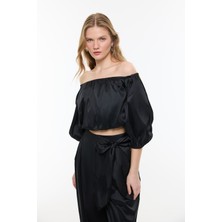 ROMAN Crop Balon Kol Tafta Bluz Siyah YY013049_001