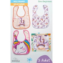 Bamoola 3 Adet Unicorn Desenli Bebek Mama ve Salya Önlüğü - (Sıvı Geçirmez - Microfiber - Çıtçıtlı)