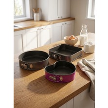 Airobazar 3'lü Kelepçeli Kek Kalıbı Seti - Kalpli, Kare ve Yuvarlak Kek Kalıpları