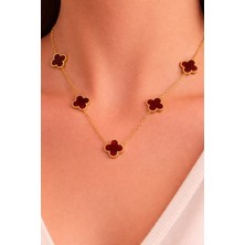 Melisa Takı & Aksesuar 316L Çelik Gold Renk Yonca Bordo Orta Boy Kolye