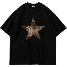 Sekizbiraltı Starz Leopar Baskılı 24/1 Oversize Unisex Siyah Tshirt