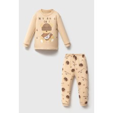 Mahfel %100 Pamuklu Sapkalı Ayı Baskılı Bebek&çocuk Pijama Takımı Krem