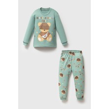Mahfel %100 Pamuklu Sapkalı Ayı Baskılı Bebek&çocuk Pijama Takımı Yeşil