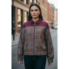 Mandala Tekstil Kadın Kareli Çok Renkli Cepli Bomber Ceket