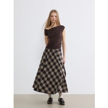 Lcw Kahverengi Beli Fermuarlı Ekose Kloş Etek