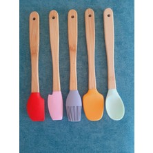 Bir Sürü Eşya Pak Market 5 Parça Isıya Dayanıklı Ahşap Saplı Silikon Uçlu Pişirme Seti Spatula Yanmaz Yapışmaz Servis Seti