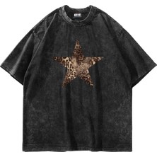 Sekizbiraltı Starz Leopar Baskılı Oversize Siyah T-Shirt %98 Pamuk Kısa Kol Basic Stil