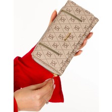 Newish Polo Kadın Deri Desenli Telefon Kağıt Para Bölmeli Kartlık ve Cüzdan NEWPOLO214 -Bej