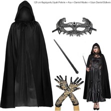 Selfbuysell 120 cm Kapüşonlu Siyah Pelerin + Asa + Dantel Maske + Uzun Dantel Siyah Eldiven Kostüm Seti (5324)