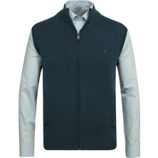 Çizgi Triko Erkek Yarım Balıkçı Yaka Cepli Fermuarlı Petrol Yelek Klasik Kalıp - 5200J