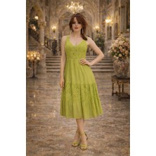 Italyan Yeşil Dantel Detaylı Askılı Kısa Elbise