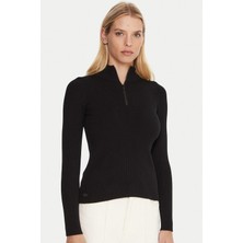 Lacoste Tight Fit High Neck 3D Ribbed Knit Sweater Kadın Dar Kesim Yarım Fermuar Tam Boy Fitilli Kazak Siyah