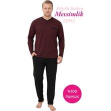 Bie's Erkek Bordo Büyük Beden Desenli %100 Pamuk Mevsimlik Geniş Kalıp Uzun Kol Cepli Pijama Takımı