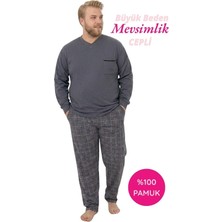 Tarık Homewear Erkek Gri Büyük Beden Desenli %100 Pamuk Mevsimlik Geniş Kalıp Uzun Kol Cepli Pijama Takımı