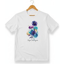 Texrium Kadın Beyaz Pamuklu Estetik Suluboya Efektli Mor Çiçek Baskılı Sanatsal T-Shirt