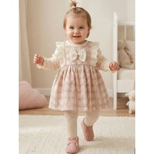 Minicix Kız Bebek Pamuklu Bayramlık Elbise 9-24 Ay Uzun Kollu Ekose Dantel Detaylı