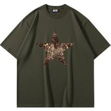 Sekizbiraltı Starz Leopar Baskılı 24/1 Oversize Unisex Haki Tshirt