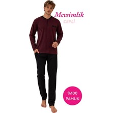 Bie's Erkek Bordo Desenli %100 Pamuk Mevsimlik Geniş Kalıp Uzun Kol Cepli Pijama Takımı