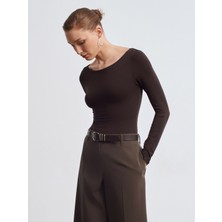 Dilvin 32549 Kayık Yaka Bodysuit-Koyu Kahve