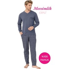 Bie's Erkek Füme Desenli %100 Pamuk Mevsimlik Geniş Kalıp Uzun Kol Cepli Pijama Takımı