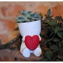 3D Baskı Kalpli Sevimli Saksı – I Love You Yazılı Dekoratif Sukulent Saksı (Beyaz-Kırmızı)