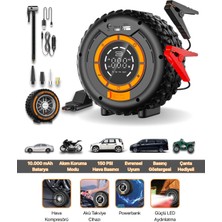 Metontech Şarjlı Akü Takviye Cihazı | Akım Korumalı | 10.000 Mah, 150PSI Lastik Şişirme, Powerbank, LED Fener | Ikonik Tasarım