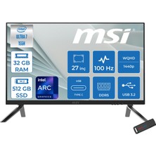 MSI Msı Modern Aı Ultra 7 155H 4.8ghz 32GB Ddr5 512GB SSD Intel Arc Graphics Windows 11 Pro 27" Wqhd IPS 100Hz Yapay Zeka Destekli All In One Bilgisayar 1UM280EUP12 + Zetta USB