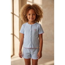 Katia & Bony Kız Çocuk Mediterranean Kiraz Nakışlı Düğmeli Şortlu Pijama Takımı Mavi