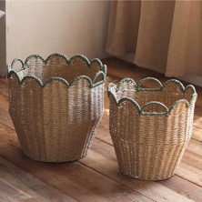 Hasır Bambu Çiçekli Ağız Tasarımlı 2’li Sepet Seti & Dekoratif Oda Dekoru ve Çok Amaçlı Organizer