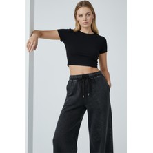 Lupinn Kadın Antrasit Yıkamalı Bol Paça Eşofman Altı Yüksek Bel Lastikli Rahat Kesim Günlük Pantolon