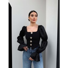 Esra Helvacı Balon Kol Gold Düğmeli Bluz