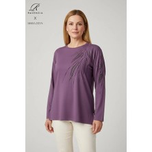 Ravencia Kadın Pembe Yaprak Desenli Taşlı Yırtmaçlı Nakış Işlemeli Likralı Viskon Anne Penye Bluz