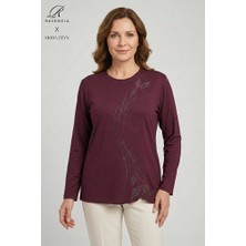 Ravencia Kadın Damla Yaprak Desenyaka ve Etek Taşlı Işlemeli Yırtmaçlı Likralı Anne Penye Bluz