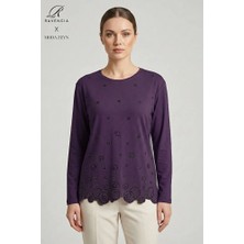 Ravencia Kadın Halka Desenli Yaka ve Etek Taşlı Işlemeli Yırtmaçlı Likralı Anne Penye Bluz