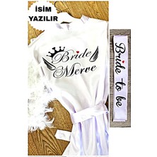 Bride By Victoria ( Isminizi Yazıyoruz) Gelin Sabahlığı Bride Sabahlık Kollar Tüylü ve Bride To Be Kuşak