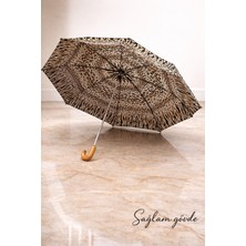 Twotwo Premium Leopar Desenli Ahşap Saplı-8 Telli Kadın Şemsiye–güçlü Gövde, Rüzgâra Dayanıklı Şemsiye