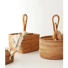 Rattan Hasır Bambu Kare Kaşıklık Organizer & Dekoratif Mutfak Gereçleri Düzenleyici