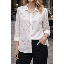 Şık ve Mutlu Çiçek Işleme Ham Keten Premium Kadın Gömlek