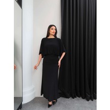 Esra Helvacı Drape Detaylı Dökümlü Uzun Elbise