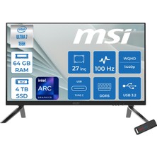 MSI Msı Modern Aı Ultra 7 155H 4.8ghz 64GB Ddr5 4tb SSD Intel Arc Graphics Windows 11 Home 27" Wqhd IPS 100Hz Yapay Zeka Destekli All In One Bilgisayar 1UM280EUH30 + Zetta USB