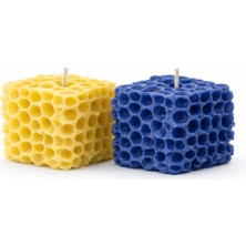Waxera Sarı Lacivert 2’li Küp Mum Seti –  El Yapımı -%100 Soya Wax - Parafin Içermez